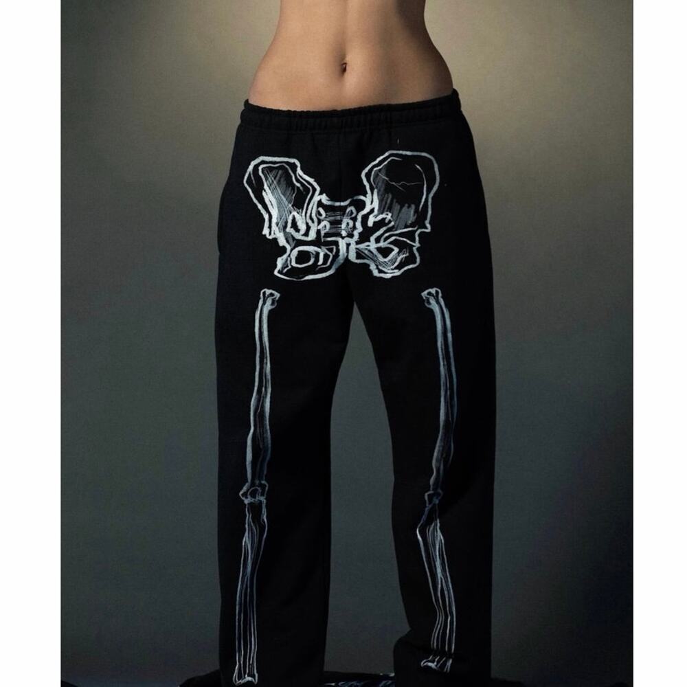 Deadly Doll Skeleton Graphic Sweatpants Black Cotton Gothic Streetwear Medium